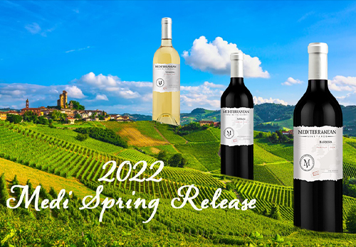 2022 Medi Spring Release Vermentino, Nebbiolo and Barbera bottles in the Piemonte hills of Northern Italy